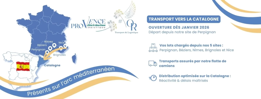Schéma du réseau logistique et transport routier Provence Distribution Logistique reliant l’arc méditerranéen à la Catalogne